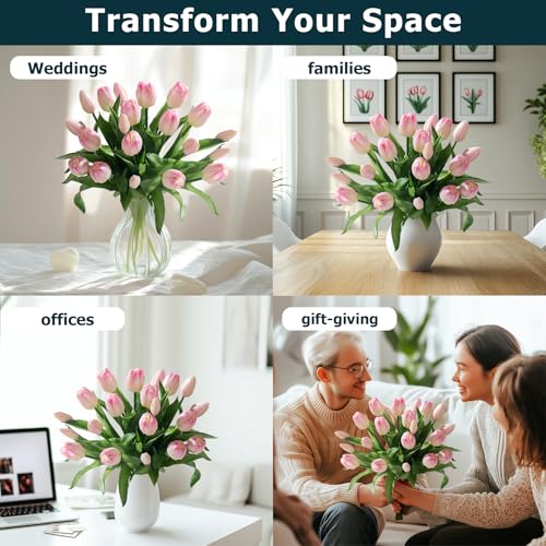 Bailikang 20PCS Fake Tulips Artificial Tulip Silk Flowers Fake PU Bouquet Artificial Flowers Faux Flowers with Gift Box Soft Faux Tulips Bouquets Arrangements for Party Wedding Home - color: Light Pink