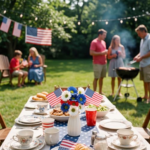 Tigeen 14 Pcs 4th of July Decor Red White Blue Artificial Flower Patriotic Decoration Daisy Flower with 2 Flag 250th Anniversary Table Centerpieces for Memorial Veterans Independence Day Home Decor - style: Daisy