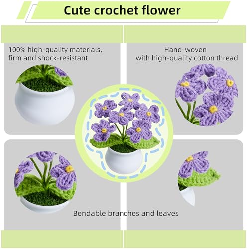 Purple Crochet Flowers Cute Handmade Knitted Potted Flower Plants Valentines Gift for Women Female Teacher Birthday Anniversary Decor for Car Dashboard Home Room Office Desk Decorations - color: Purple