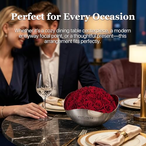 JoyFlower Preserved Flowers Decor, Eternal Roses in Stainless Steel Bowl Decors for Table Centerpiece, Forever Flowers Decorations for Home Living Room Bedroom Coffee Shop House Office(Small, Red) - color: Red, size: Small