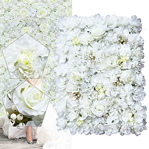 Blooms Decor Flower Panels,White Background Decoration Panel,Artificial Silk Flower Wall Panel Backdrop,Weddings,Event Decor,Bridal & Baby Shower and Photography Décor 15.75x23.62x0.79in 12Pcs (White) - color: White
