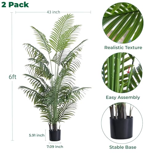 FloraFairy 6FT Tall Artificial Palm Trees, Potted Plant (2 Pack) Tropical Areca Palm, UV Resistant Indoor/Outdoor Fake Plant in Black Cement Pot, Realistic Decor for Patio, Living Room, Office - color: 6ft Palm Tree - 2 Pack, size: 6ft