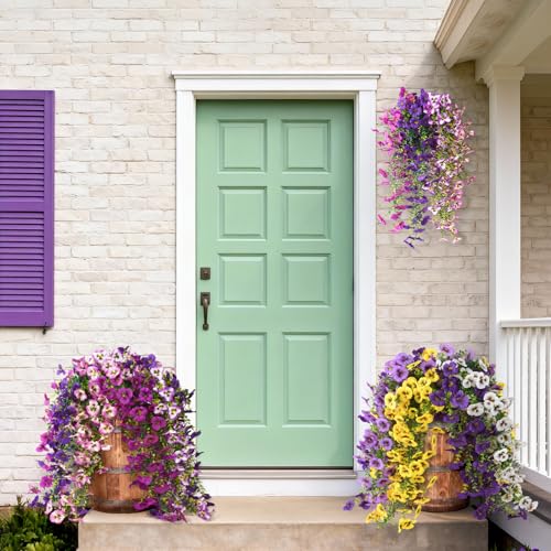 Fake Artificial Flowers for Outdoors, 4 Pcs Faux Hanging Pansy Flowers Spring Summer Decor, UV Resistant No Fade Fake Plants Silk Flower for Planter Front Door Porch Patio Yard Garden(Mixd Purple) - color: Mixd Purple