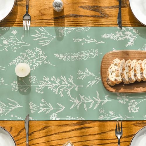 Artoid Mode Sage Green Leaves Flowers Spring Table Runner, Seasonal Kitchen Dining Table Decoration for Home Party Decor 13x90 Inch - color: Sage Green, size: 13" x 90", Table Runner