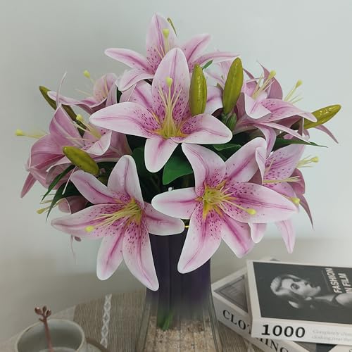 ATFL Artificial Lilies Flowers,9 Pcs Faux Lily Flowers,16''Tiger Lily Branches with 2 Full Blooms and 1 Bud,Faux Fake Lilies Plants for Wedding Bouquet Floral Arrangements (9, Purple) - color: Purple