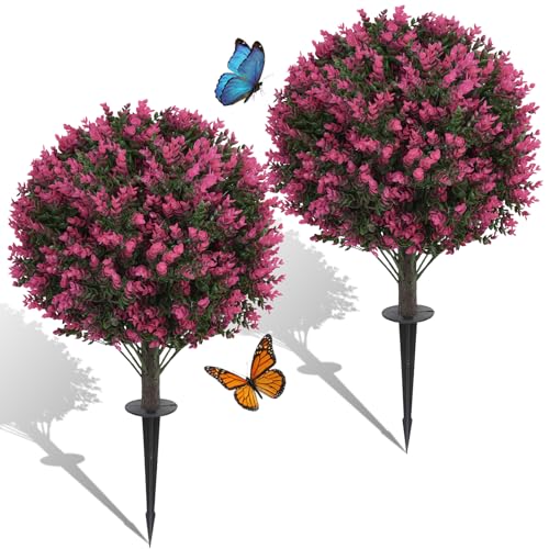 Artificial Red Eucalyptus Topiary Ball Trees 24", Lush Dense Foliage Fake Plants Pair with Ground Spike, UV Resistant Faux Evergreen Plants for Outdoor Indoor Planters Front Porch - color: Rose
