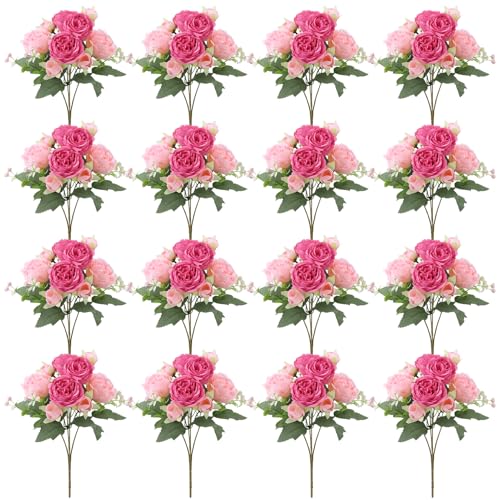 16 Pack Pink,Hot Pink Peonies Artificial Flowers,Fake Silk Hydrangea Bouquet for Bridal Wedding Home Table Decor Reusable Dining Opening Ceremony Birthday Arrangement Faux Floral - color: Pink,hot Pink