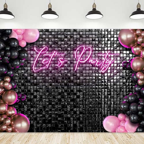 Riyidecor Let's Party Backdrop Modern Disco 80s Black Neon Pink Plaid Checkered Balloons Fashion Shinning Groovy 7Wx5H Feet Girls Photography Background Birthday Photo Studio Shoot Polyester Fabric - color: F-Party, size: 7Wx5H