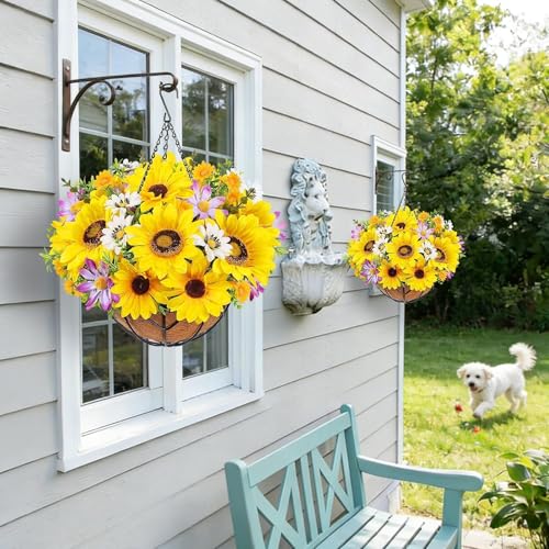 2 Set Sunflowers Artificial Flowers Fake Hanging Basket Flowers UV Resistant Fake Sunflowers Hanging Baskets for Outdoor Outside Patio Garden Porch Spring Summer Decor