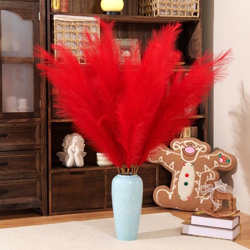 Premium Faux Red Pampas Grass – 43.3" Tall Fluffy Vibrant Decor, 8pcs 18-Branch One-Piece Stems No Assembly, Luxury Silk-Feel Feather Flowers for Valentine's Day Christmas Wedding Home Floor Vase - color: Faux Red, size: 8pcs 43.3"(110cm)