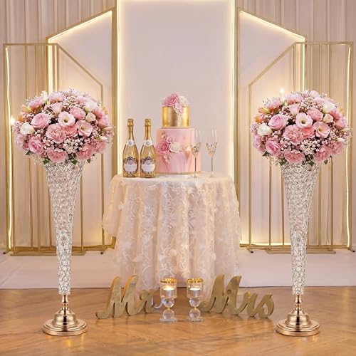 LemonRoad 2 Pcs 32 Inch Tall Gold Crystal Trumpet Vase for Centerpiece Wedding Extra Large Crystal Beaded Flower Vase with Metal Base for Table Floor Party Anniversary Birthday Banquet Celebration