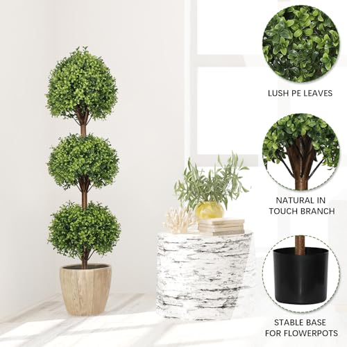 THE BLOOM TIMES 55" Tall Artificial Boxwood Triple Ball Topiary Trees, UV Resistant Large Fake Potted Plants for Outdoor Planter, Realistic Faux Bushes Shrubs for Front Porch Outside Decor Set of 2 - color: Boxwood-gjl, size: 55 inch