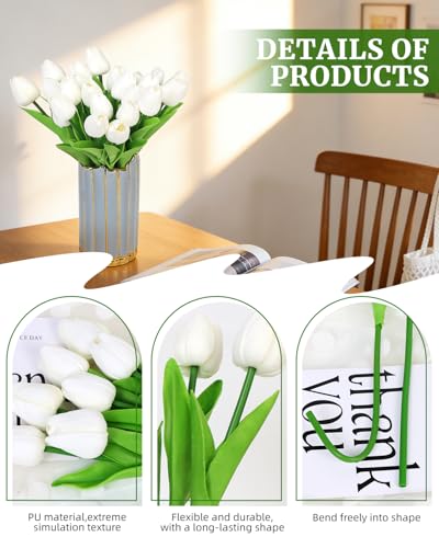 25 Pcs White Tulips Artificial Flowers PU Fake Flowers Real Touch Tulips Flower Bouquet for Wedding, Spring Decor, Home, Centerpiece Table Decorations (White Tulips) - color: White Tulips