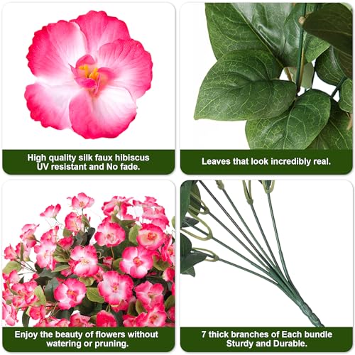 Fake Hibiscus Artificial Flowers for Outdoors Spring Summer Decoration, 6 Bundles Silk Pink Hibiscus Flowers Bouquet UV Resistant Look Real Faux Plants for Outside Planter Front Door Porch Balcony - color: Pink