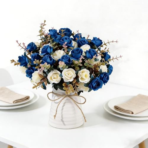 MOOMASS Lifelike Artificial Rose Bouquets and Ceramic vases, Fake Silk Roses, Suitable for Wedding, Dining Table, Office, Party and Home Decoration（Blue） - color: Navy Blue