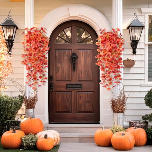 Artificial Fall Flowers for Outdoor, 4 Pcs Faux Pansy Fake Mums Plant Hanging Flowers Outdoor Fall Decor, UV Resistant Silk Flower for Front Door Porch Planter Patio Yard Garden(Orange Autumn Red) - color: Orange Autumn Red