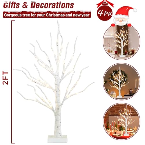 PEIDUO Christmas Decorations for The Home, 2FT BirchTree with LED Lights, Warm White Tree Lamp, Fairy Light Spirit Tree for Room Inside Fireplace Home Decor, Battery Powered, Timer (4PK) - style: 4PK Birch Tree