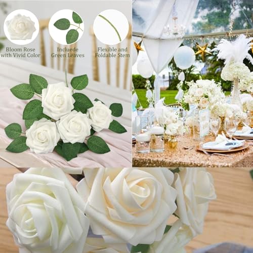 Artificial Flowers Roses with Stems for DIY Wedding Christmas Tree Bouquet Baby Shower Centerpiece Floral Arrangement Party Home Decor Mothers Day Decorations (White, 50) - color: White, size: 50