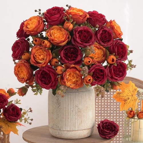 4 Bunches Peonies Artificial Flowers, Silk Burgundy Peonies Flowers Fake Bouquet Faux Floral Arrangements for Centerpiece Table Wedding Party Home Decor (4, Burgundy & Orange) - color: Burgundy & Orange