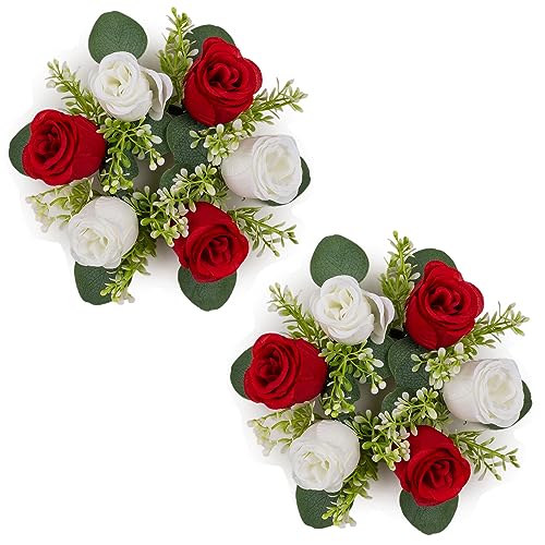 NUPTIO Flower Wreath for Table Centerpieces: 9.05 Inch Small Crimson & White Candle Rings for Wedding Party Christmas Decorations - Rose Wreaths for Spring Summer Front Door Porch Decor 2 Pcs - color: Crimson & White, size: Dia 9.05"-2pcs