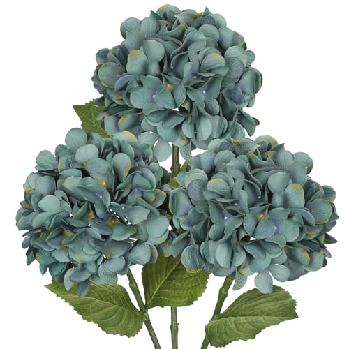 Hollyone 3Pcs Blue Hydrangea Artificial Flowers 28.7" Real Touch Large Faux Silk Hydrangeas Flowers with Stems Fake Flower for Home Wedding Floral Arrangement Centerpiece Table Vase Fall Decor - color: Blue