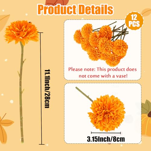 Tinsow 12 Pcs Artificial Chrysanthemum Flowers Orange Faux Ball Flowers Autumn Mums Florals Wedding Bouquet for Fall Farmhouse Home Kitchen Decoration (12, Orange) - color: Orange