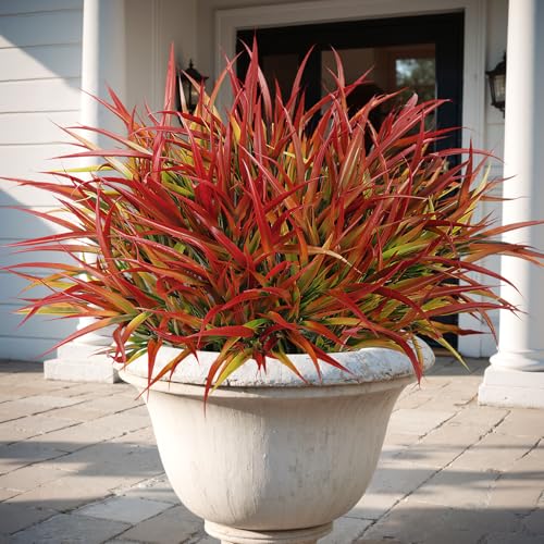 16 Pcs Artificial Plants Outdoor Fake Grass Faux Greenery Stems UV Resistant Plastic Plants Shrubs for Planters Patio Garden Front Porch Pathway Spring Summer Home Decor, Red - color: Red