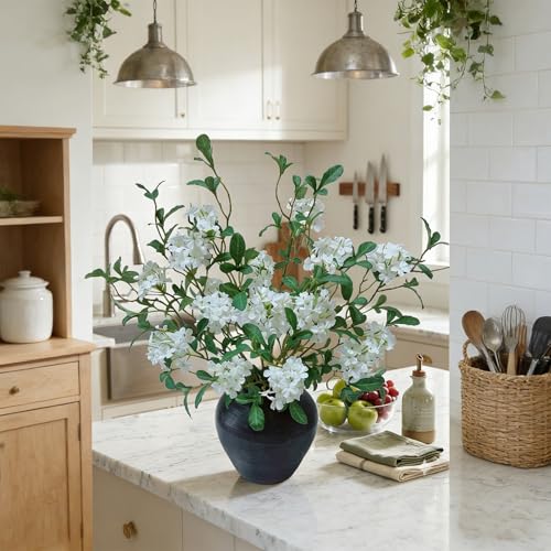 5PCS Faux Greenery Flower Stems Artificial Branches with Flowers for Tables Decor,Silk Green Floral Stems with Branches for Vase Filler for Home Kitchen,Dining Room,Living Room Decor(White) - color: White