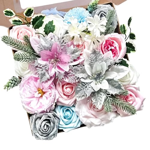 Artificial Flowers Combo Box Set, Silver Pink Silk Flower, Roses Poinsettia Faux Flowers for DIY Wedding Arch Bridal Shower Centerpieces Vase Arrangement Birthday Party Home Table Decor - color: Silver & Pink