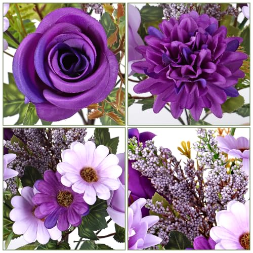 Dremisland Fake Flower Bouquets,2 Packs Silk Rose Daisy Bouquet Artificial Flower Arrangement Realistic Rose Bouquets for Centerpiece Table Wedding Party Bride Home Decor (Double Purple, 4PCS) - color: Double Purple, size: 4PCS