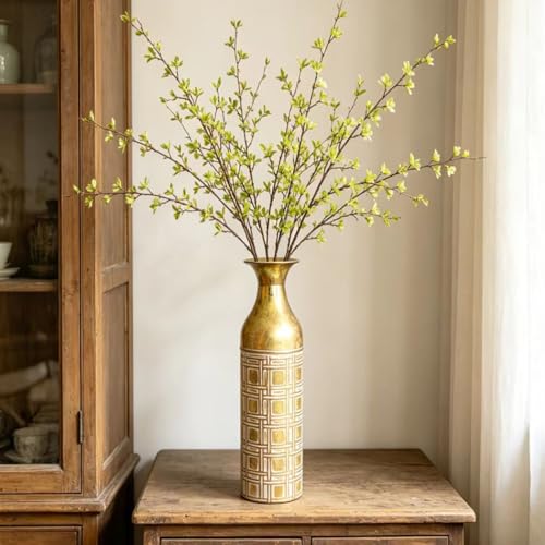 Hosley 16" Distressed Gold Cylinder Flower Vase with Etched White Geometric Grid Pattern for Home Decoration & Floral Arrangements - color: Gold White, size: 16" High
