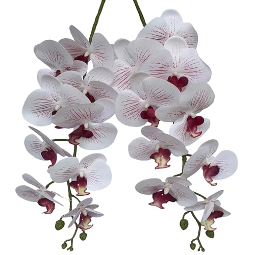 FagusHome Artificial Phalaenopsis Flowers Branches 9 Large Blooms Artificial Orchid Flowers Stem Plants 42 Inches 2 Pcs for Home Wedding Décor (White and Purpleline) - color: White and Purpleline