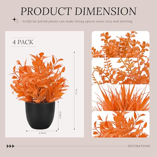 Der Rose Fall Fake Plants 4 Packs Artificial Plants Small Faux Plants Black Bathroom Accessories Fall Decorations for Home Bathroom Home Office Desk Fall Decor Indoor - color: Orange