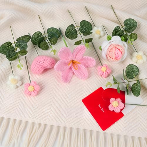 Tenn Well Crochet Flower Bouquet, Crochet Knitted Tulip Gift Artificial Flowers for Mother’s Day, Birthday, Graduation, Anniversary and Home Decor - color: Pink