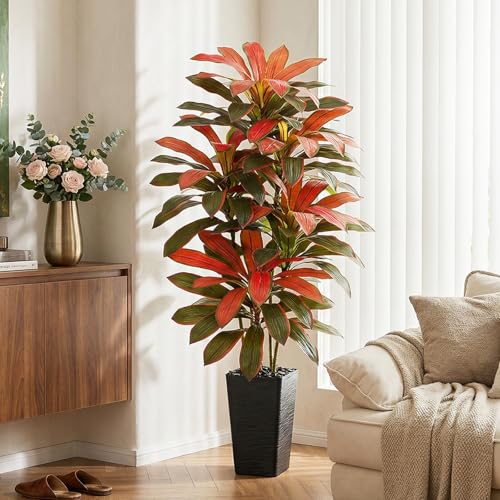 Artificial Red Dracaena Tree - 5FT Tall Fake Plants with Black Square Planter - Artificial Plants Indoor Floor Plant in Pot - Large Tropical Fake Yucca Potted Tree for Home Office Living Room Decor - color: Black-red Leaf, size: 5 FT