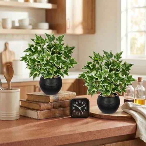2 Packs Artificial Plants in Black Pot, 12" Faux Plant | Realistic Tradescantia Zebrina Fake Plants Potted Decorative for Home Kitchen Office Desk Bookshelf Decor - color: White-green