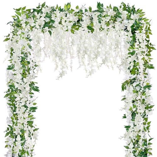 Sggvecsy 6Pcs Wisteria Garland Artificial Flowers Garland Fake Hanging Wisteria Vines Rattan Silk Hanging Flower Vines for Home Garden Outdoor Wedding Arch Party Ceremony Total 35.4Ft (White) - color: White