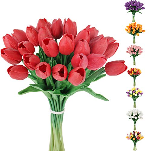 Artificial Tulips Flowers Fake Latex Tulip Stems - 34pcs Real Touch Faux Multicolor Tulips Flower for Easter Spring Wedding Bouquet Centerpiece Floral Arrangement Cemetery Table Decor - color: Red