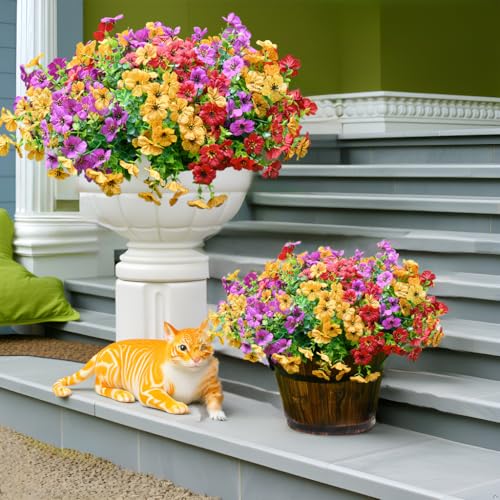 LADADA 12 Bundles UV Resistant Artificial Flowers Outdoor, Fake Daisy Faux Plants with Eucalyptus for Outside Planter Yard Home Patio Garden Decoration, Multicolor - color: Red Yellow Purple