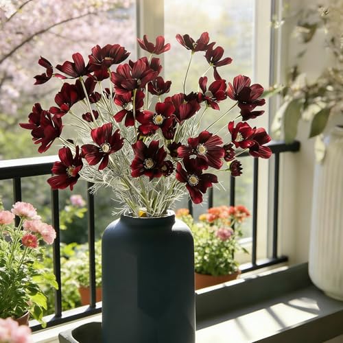 HCTCPALS Artificial Flowers for Outdoors 6 Pcs Daisy Plant Realistic Silk Fake Flowers for UV Resistant Faux Plants Outdoor Indoor Outside Front Porch Hanging Planter Decoration-24” WineRed - color: Daisy Winered