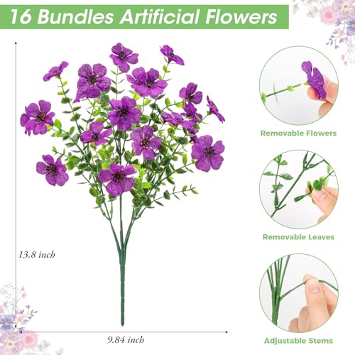 Bassion Artificial Flowers for Outdoors, 16 Bundles UV Resistant Fake Flowers Realistic Silk Faux Plants for Outdoor Planter Hanging Basket Window Box Porch Patio Garden Home Outside Decorations - color: Purple
