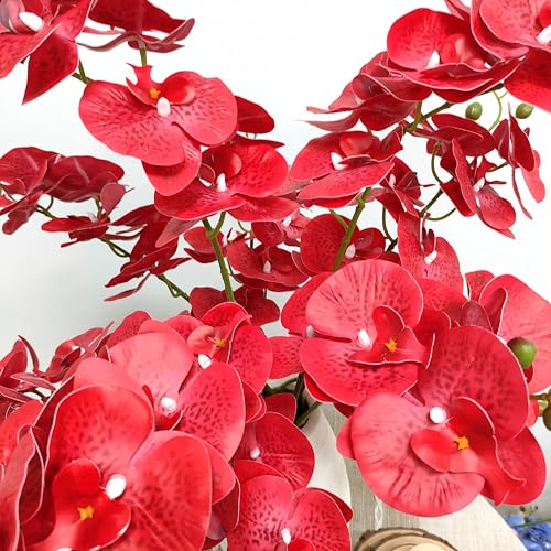 ATFL 10 Pack Red Orchid Artificial Flowers Real Touch, 27'' Artificial Fake Faux Silk Orchid Stem Bouquets for Wedding Party Home Garden Decor,Orquideas Artificiales para Decora (excluding the vase) - color: Red