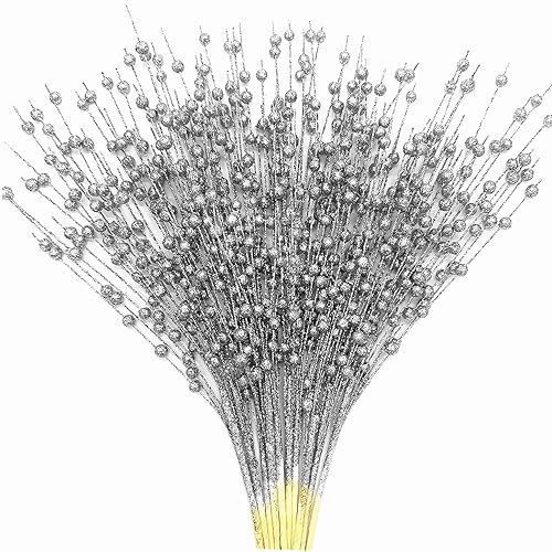 Artificial Glitter Berry Stems Silvery Decorations 17 Inch, Fake Berries Bead Sticks Pick for Halloween Christmas Ornaments Glittery Berries Xmas Tree Wreath Vase Filler Home Decor - Silver 10 Pack - color: Glitter Berry Sticks - Silver 10 Pack