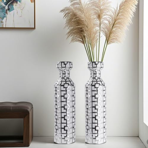 24.4 inch Tall Floor Vases Set of 2. White Vase with Silver Geometric Patterns, Ceramics Modern Flower Vases for Living Room, Entryway, Indoor/Outdoor Decor, Large Vase for Home Decor - color: White With Silver Set of 2