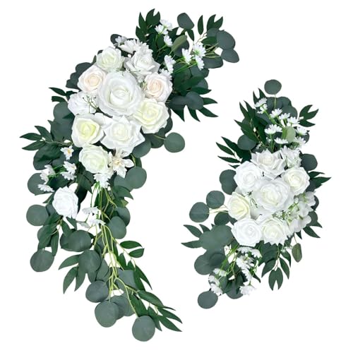 Wedding Arch Flowers Set of 2 White Floral Swag for Wedding Ceremony Backdrop and Reception Decoration - color: White
