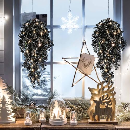 RECUTMS 2Pcs Artificial Black Hanging Flowers with Lights for Outdoor Decoration Fake Hanging Plants Vines with 30 LED String Light for Halloween Gothic Home Porch Wall Party Decor（Lights Black） - color: Lights Black-rose