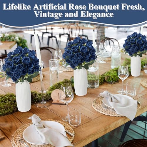 Zeyune 8 Pack Artificial Mini Dark Blue Roses, 12 Inch Fake Flowers with Stems, 80 Small 1.6 Inch Flower Heads, Silk Mini Rose Bouquets for Wedding Centerpieces, Bridal Bouquets, Home Party Decor - color: Dark Blue