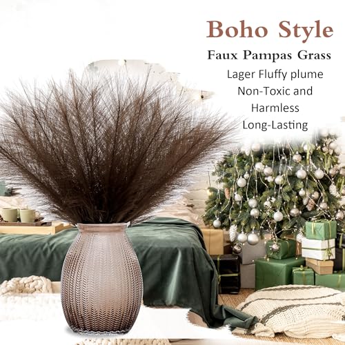 Dark Brown Pampas Grass Decor, 30 Pcs 17" Faux Pampas Grass Short Decor, Pompas Grass Flower Arrangement and Vase Filler for Boho Home Wedding Decoration - color: Dark Brown, size: 17'' Tall