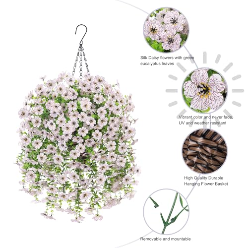 HyeFlora Artificial Hanging Flowers Basket for Outdoor, Fake Flowers Faux Plants Look Real for Yard Gardens Porch Patio Home (White) - color: White