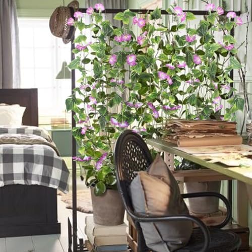 GTIDEA 2Pcs Artificial Vines,15Feet Hanging Plants Silk Morning Glory Garland Fake Green Plant Home Garden Wall Fence Stairway Outdoor Wedding Hanging Baskets Decor Purple - color: Purple